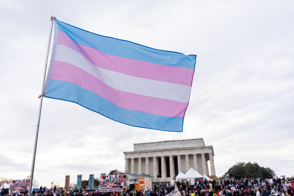 Transgender pride flag waving at a rally in front of the Lincoln Memorial.