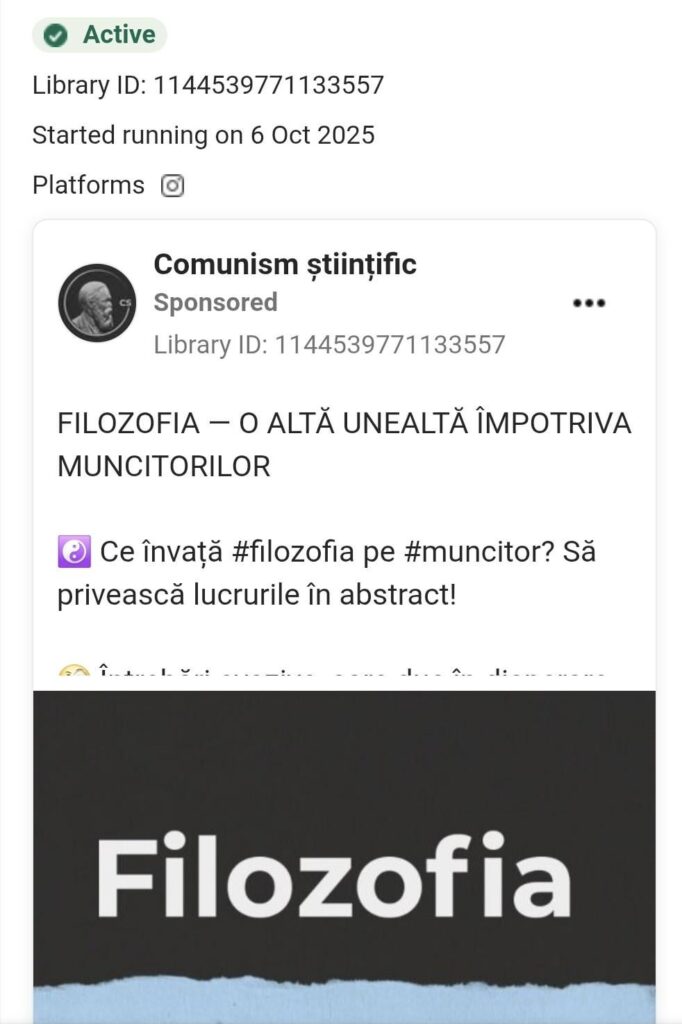 A page promoting communism among young people is running thousands of euros worth of ads on Instagram and Facebook