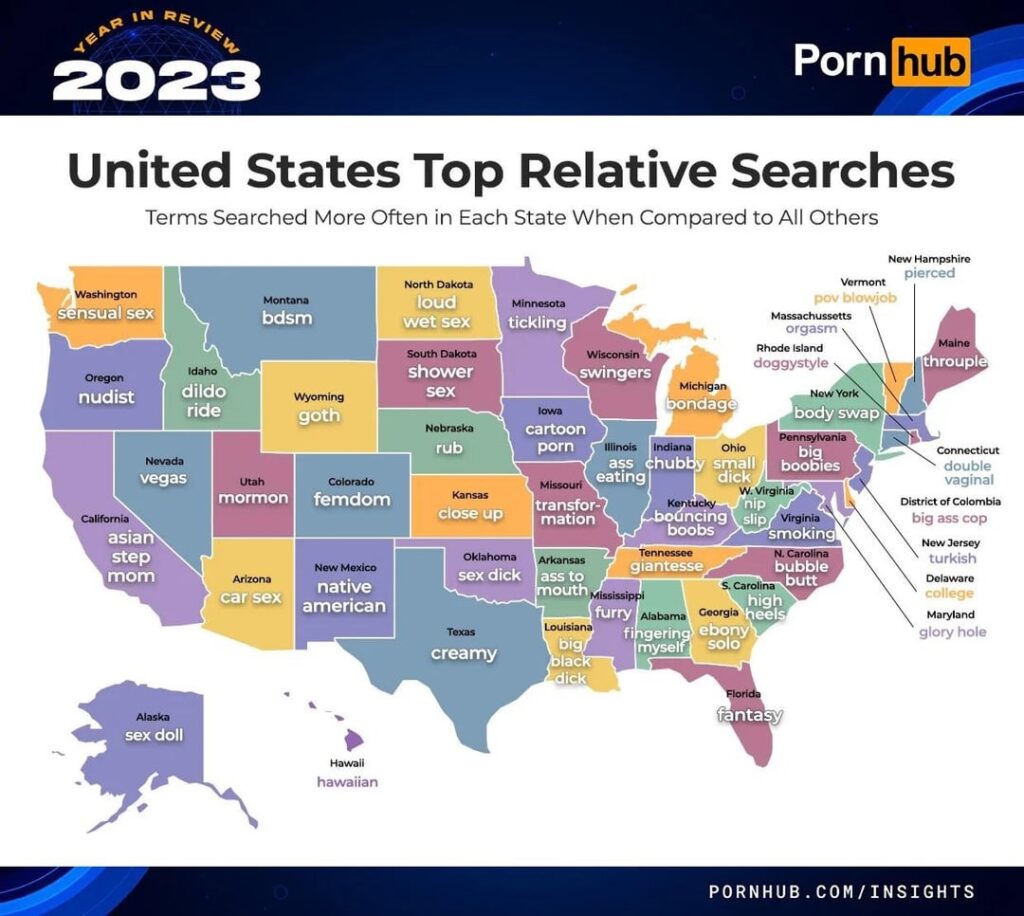 A visual representation of the difference in search data from Pornhub after one year of age verification law implimentation. 25 states now have porn bans/age verification laws.