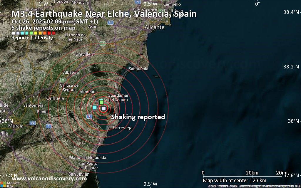 Unconfirmed quake or seismic-like event reported: Near Elche, Valencia, Spain, 6 minutes ago