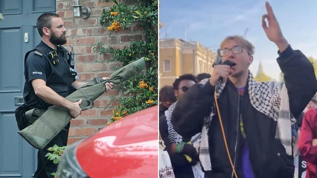 Police remove firearms from the family home of an Oxford University student who was arrested for 'inciting racial hatred' after he led chants of 'put the Zios in the ground'