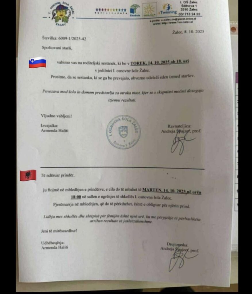Žalec elementary school invitation to the parents' meeting