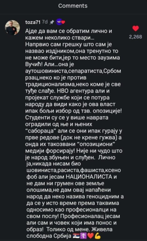 Comment of the taxi driver who refused to drive Mila Pajic
