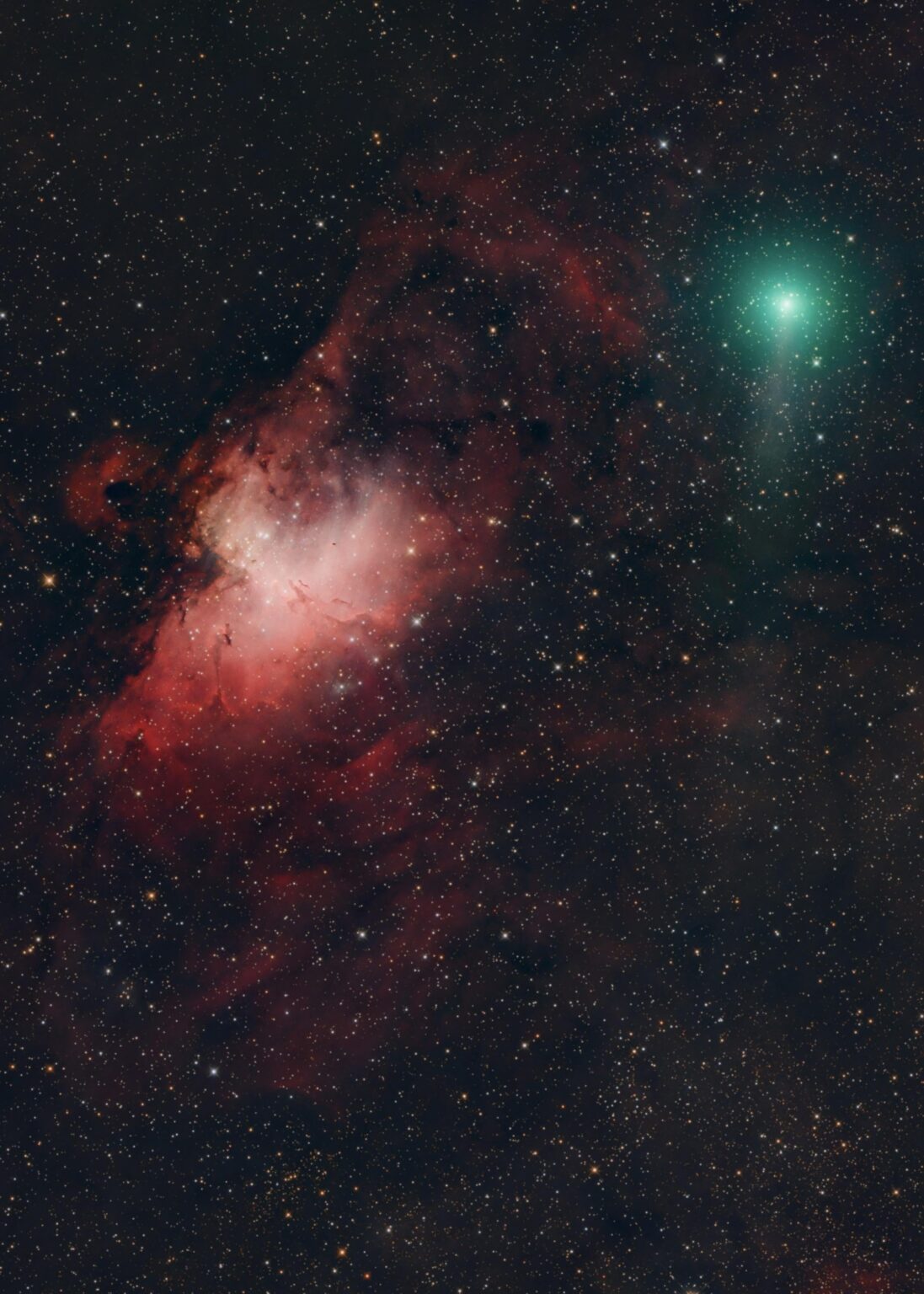 Last night I photographed a once in a lifetime occurrence — a comet passing by the “Pillars of Creation”