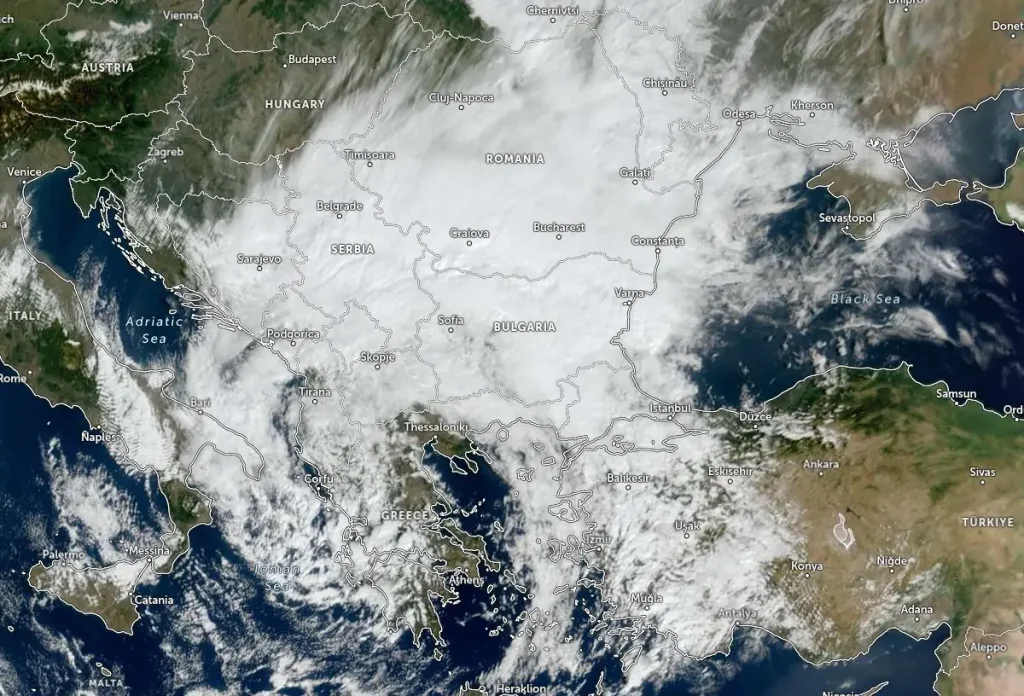 Satellite image showing widespread cloud cover over southeastern Europe during the heavy rainfall event that caused flooding in Elenite, Bulgaria, at 08:40 UTC on October 3, 2025.