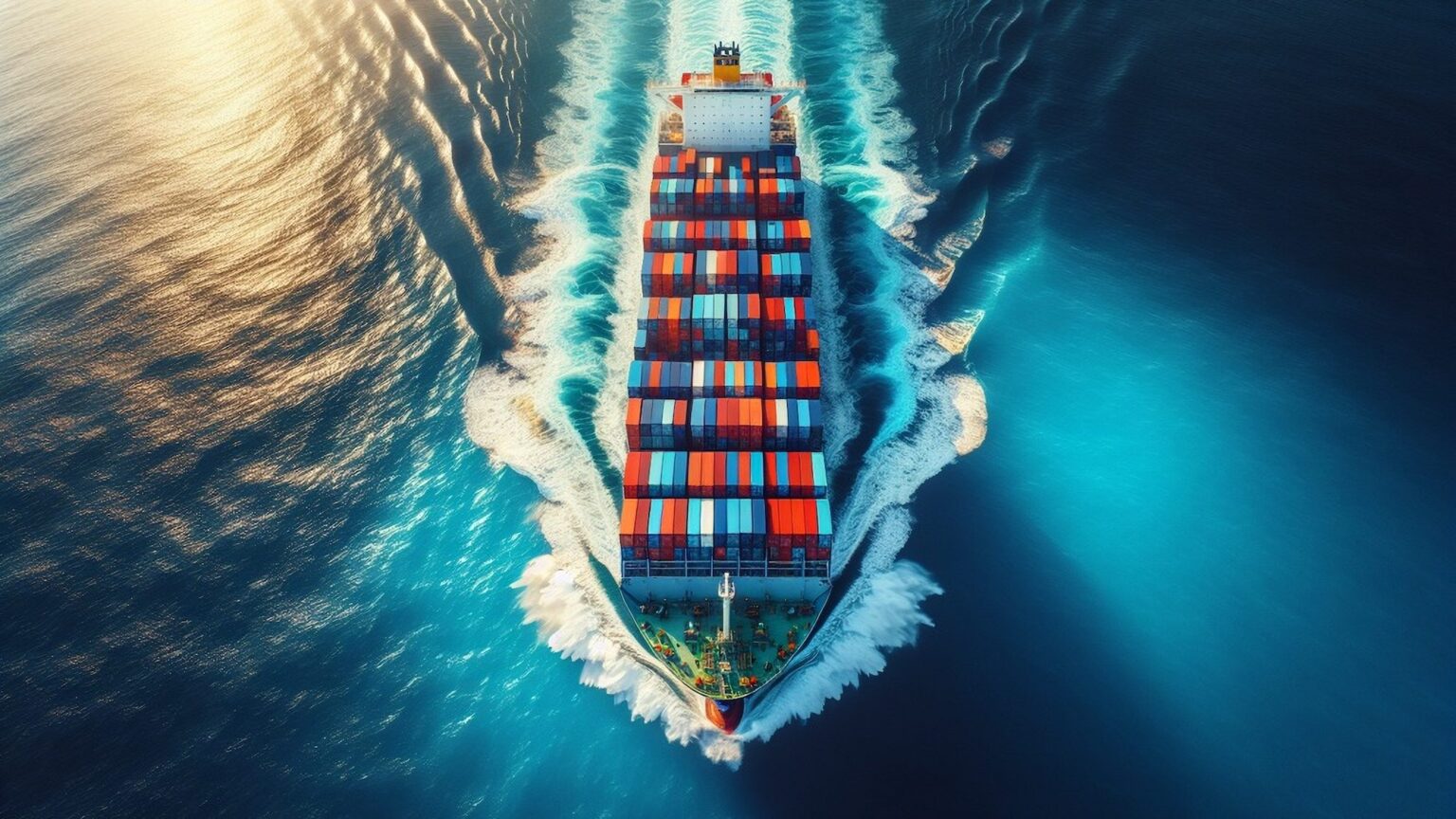 Lloyd’s Register Unveils First Comprehensive Roadmap for Nuclear-Powered Commercial Shipping Aerial view of a large cargo container ship navigating through the ocean, showcasing vibrant red, blue, and yellow shipping containers on deck with white waves trailing behind