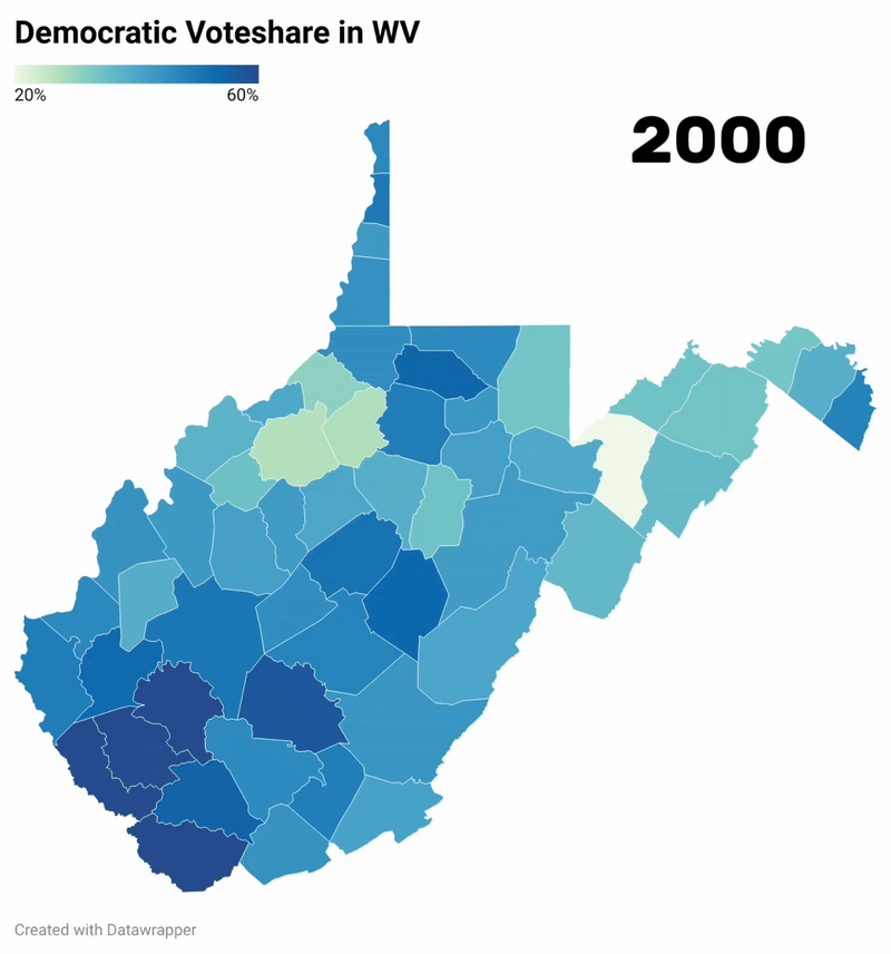 Democratic Voteshare in WV (per county) 2000-2024 [OC]