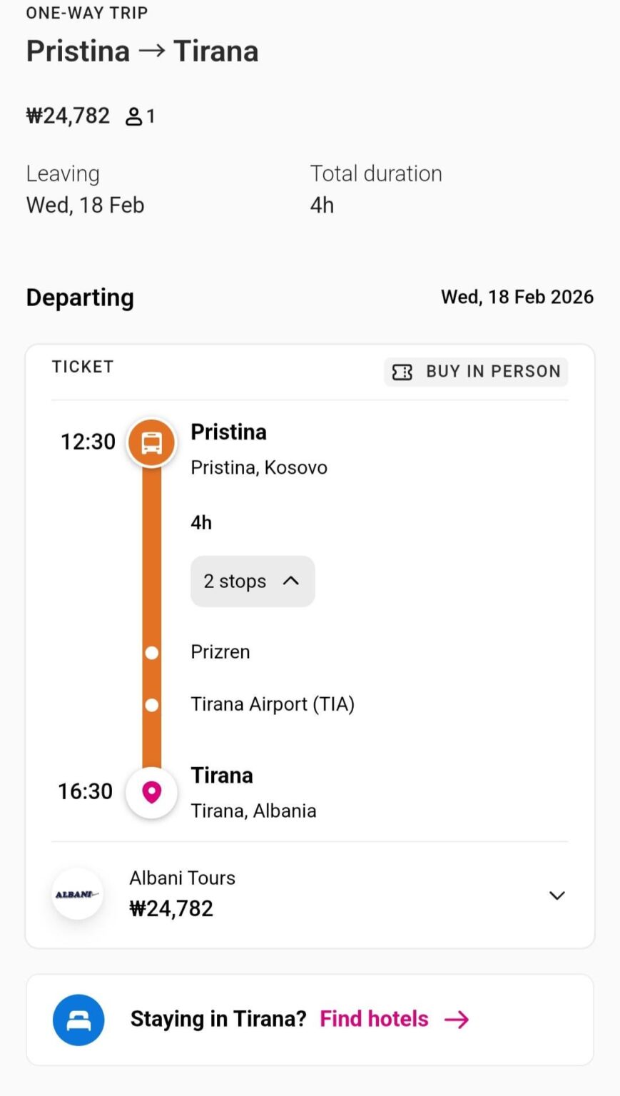The bus reservation page only says 'Pristina', but is that the bus stop location I guessed?
