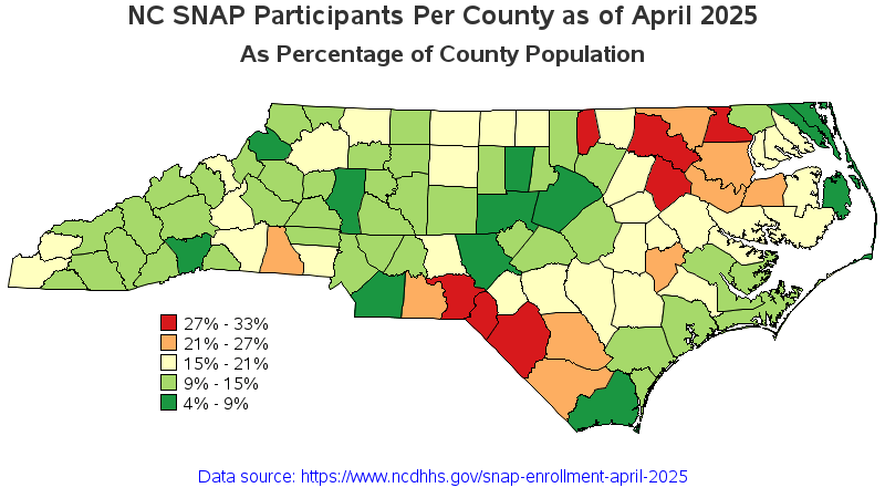 [OC] Map of North Carolina SNAP Participants per County