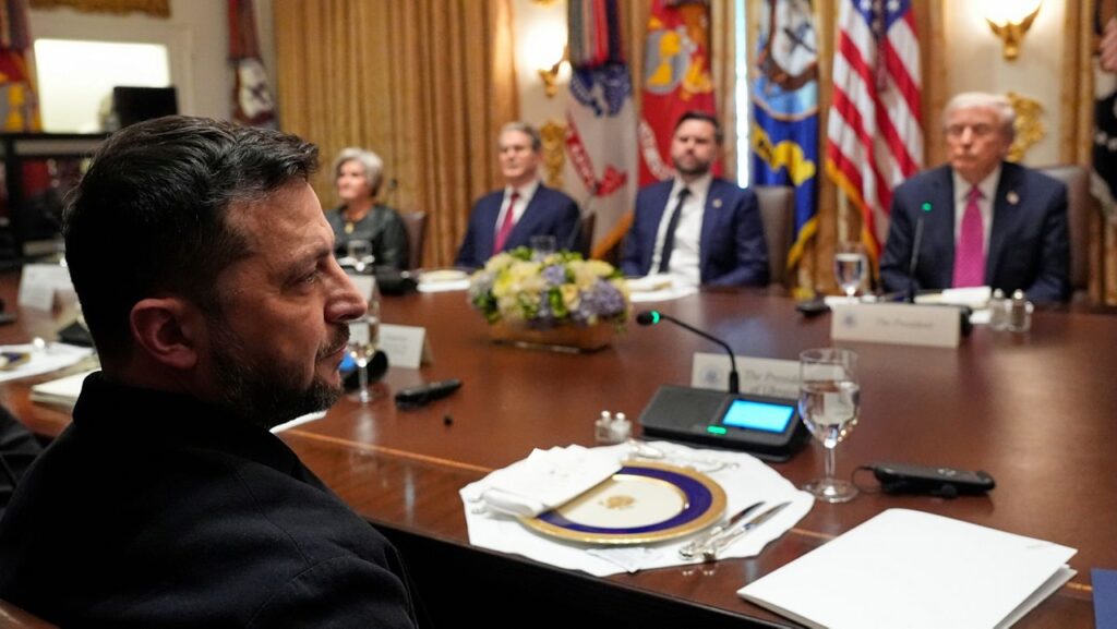 Ukraine's President Volodymyr Zelenskyy, left, speaks before a lunch with President Donald Trump, from right, Vice President JD Vance, Treasury Secretary Scott Bessent and White House Chief of Staff Susie Wiles in the Cabinet Room of the White House, Friday, Oct. 17, 2025, in Washington. (AP Photo/Alex Brandon)