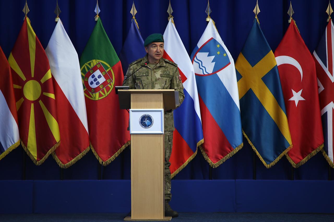 Turkish Major General Ozkan Ulutas gives a speech during the handover ceremony as Turkiye assumes command of NATO’s Kosovo Force (KFOR) from Italy for a one-year term in Pristina, Kosovo, accessed on Oct. 3, 2025. (AA Photo)