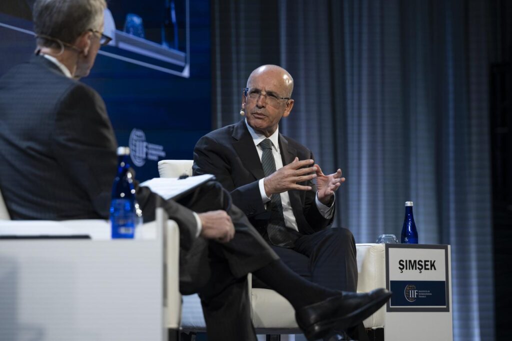 Turkish Treasury and Finance Minister Mehmet Simsek attends the G20, IMF, and World Bank meetings, making remarks on the Turkish economy at the Institute of International Finances (IIF) Annual Membership Meeting, in Washington, United States on Oct. 17, 2025. (AA Photo)