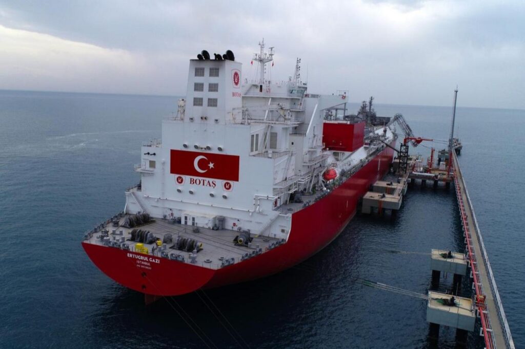 Türkiyes first floating storage regasification unit (FSRU), Ertugrul Gazi, docked at the BOTAS Dortyol LNG Storage Facility off the coast of Hatay in southern Türkiye, February 2, 2022. (IHA Photo)