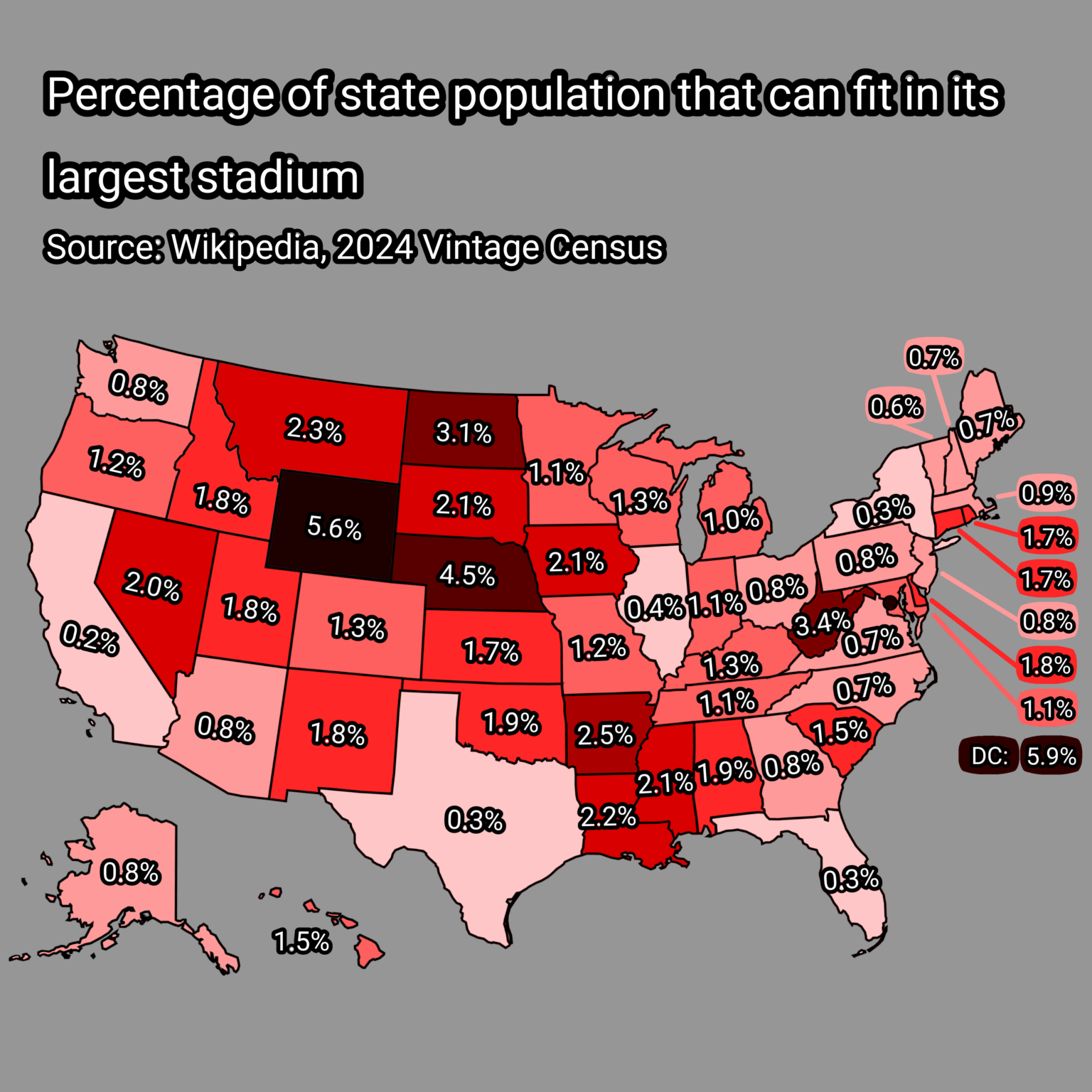 Percentage of state population that can fit in its largest stadium [OC]