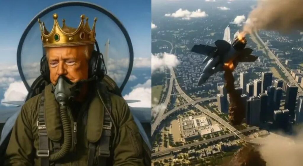 Trump shocks with AI recording. He flies in a jet and bombards protesters with brown liquid