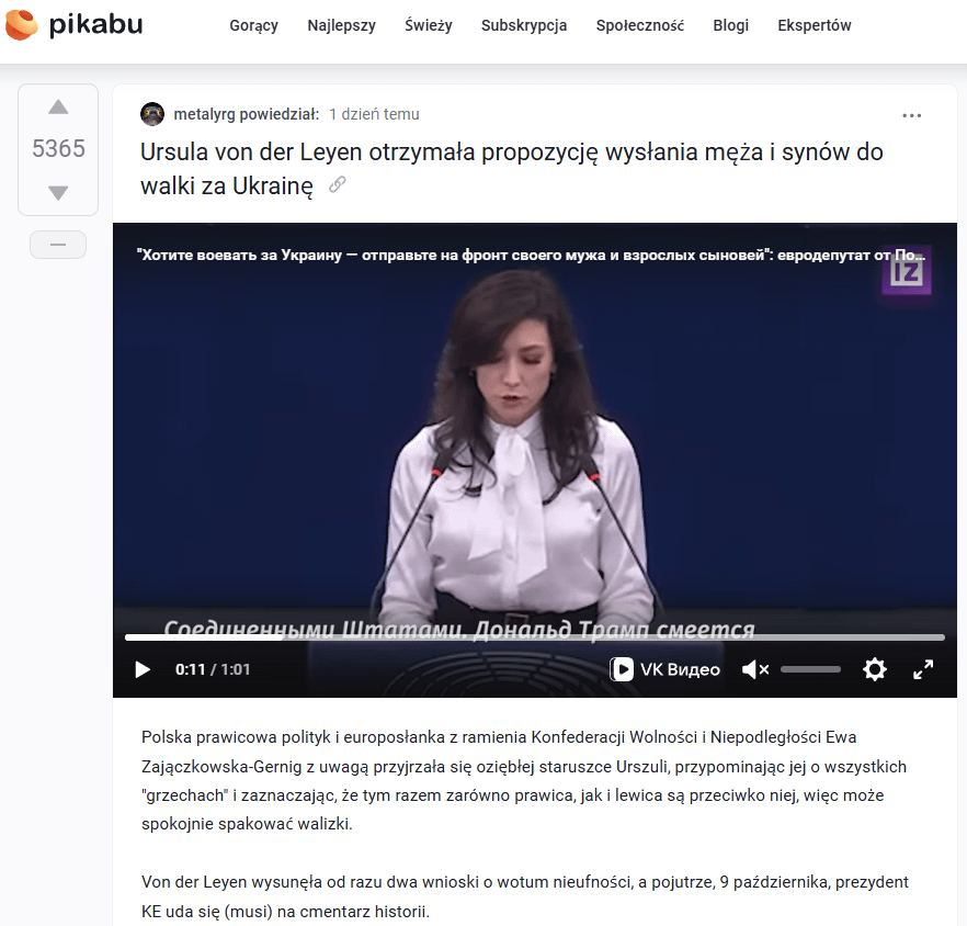 The speech of MEP Ewa Zajączkowska-Hernik (Confederation) is causing a sensation on the Russian website Pikabu
