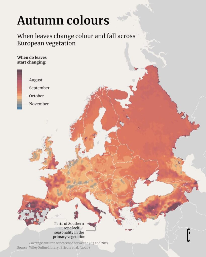 When leaves change colour and fall across European vegetation