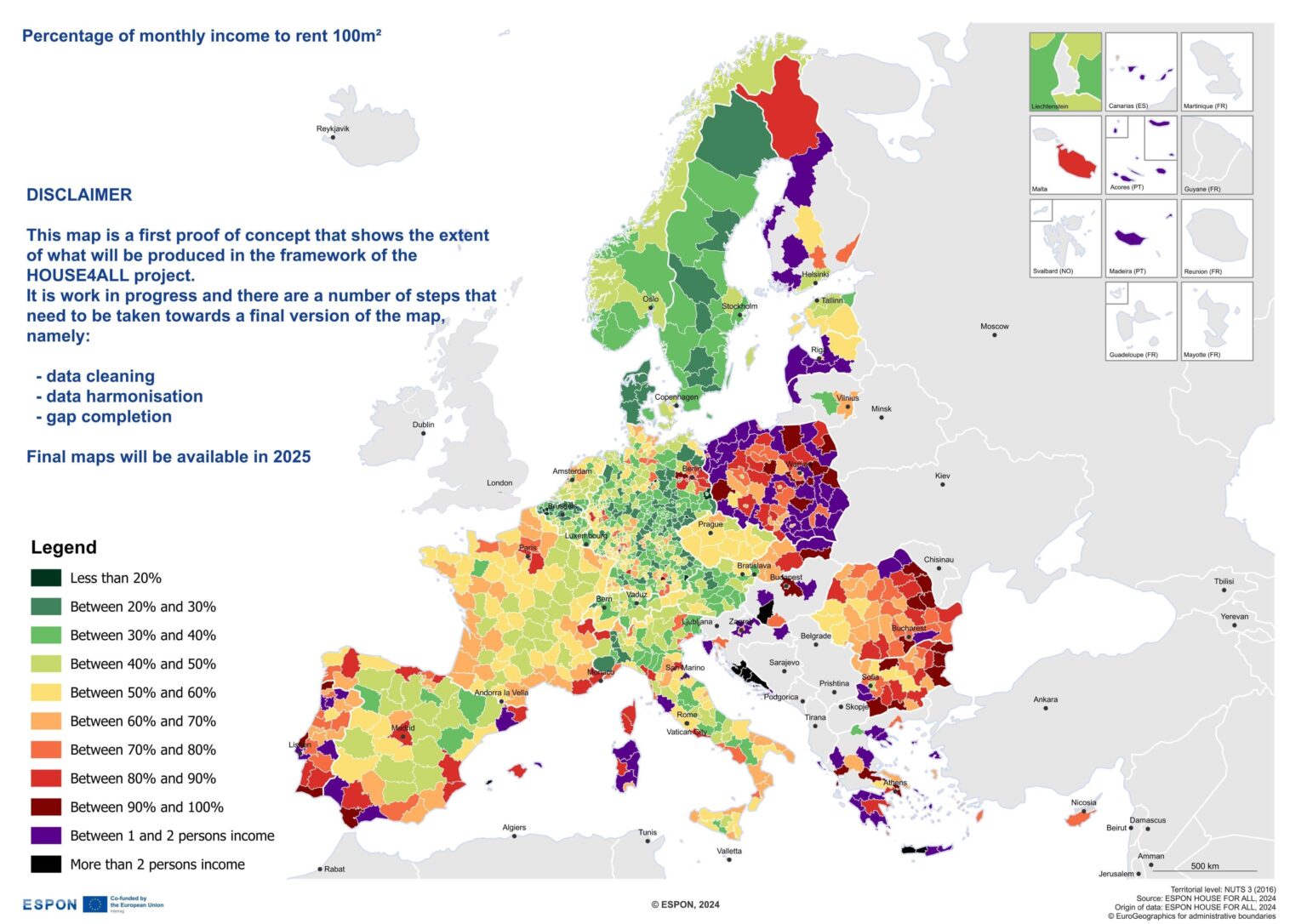 Percentage of monthly income needed to rent 100m2 by European region.