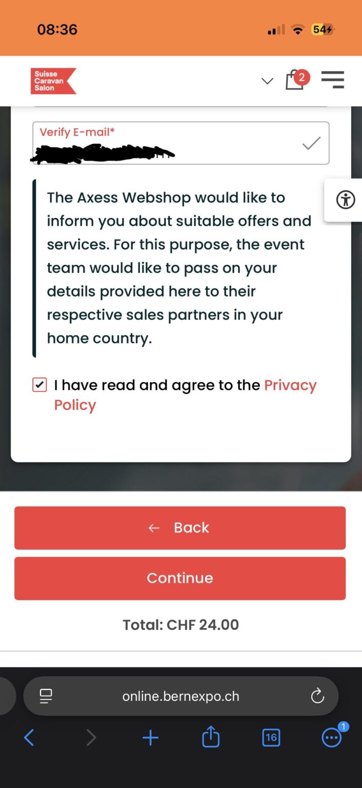 Any lawyers / data-privacy wizards here? Bought Bern Caravan Expo tickets, webshop insists on sharing all my data with sales partners (no opt-out)