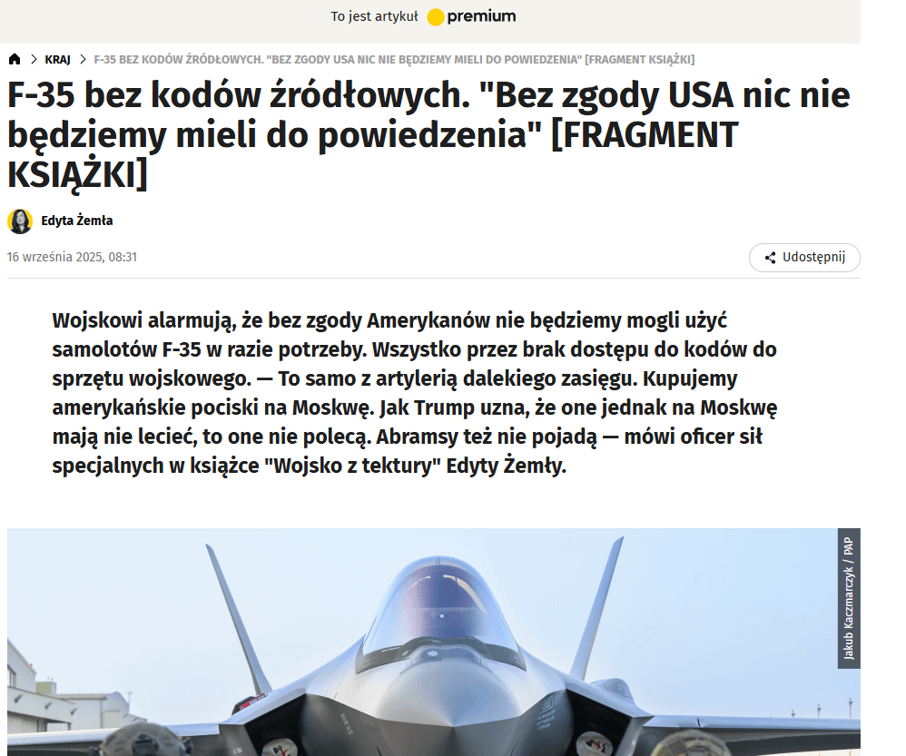 One phone call from Putin to the US president, and Ukraine is denied Tomahawks. A second call from Putin, and all Polish equipment purchased from "our greatest ally" is grounded.