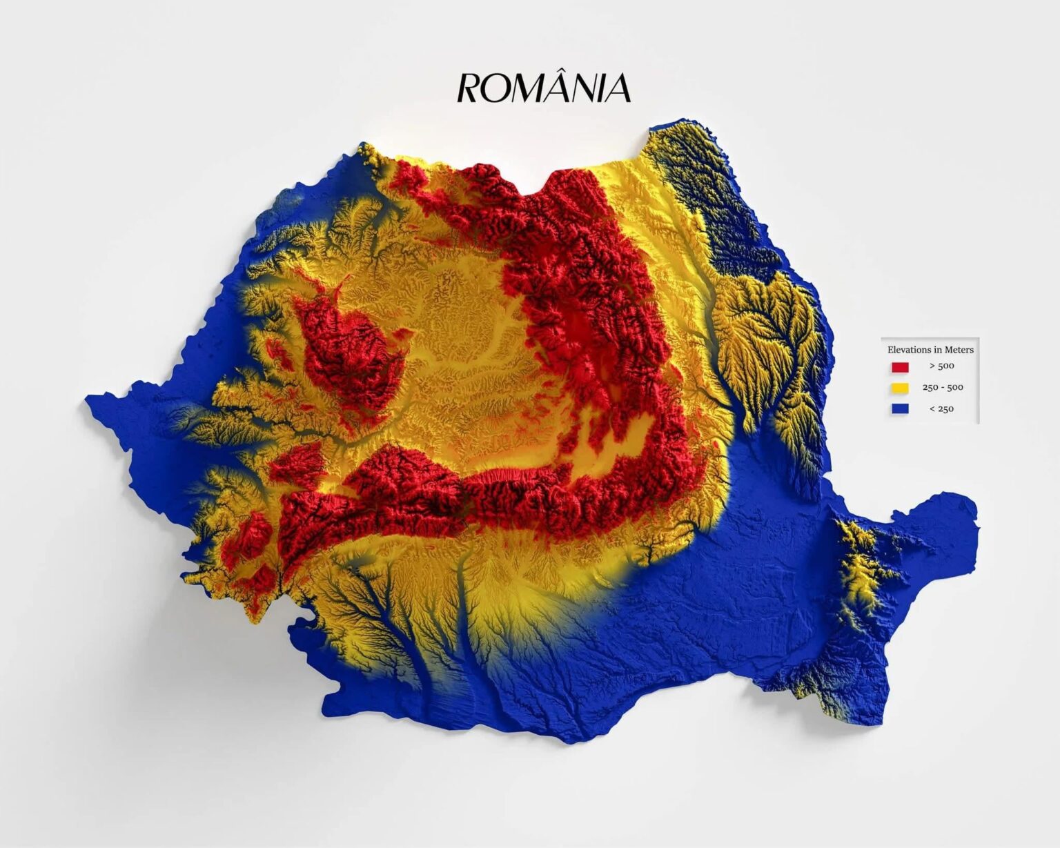 The map of Romania in the official colors of the flag for altitude gradients