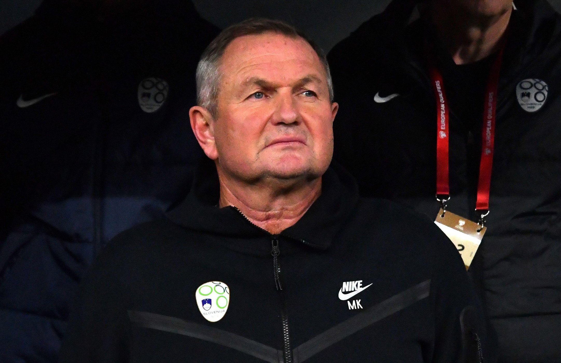 Matjaz Kek, head coach of Slovenia, in a black Nike jacket with a Slovenia badge.