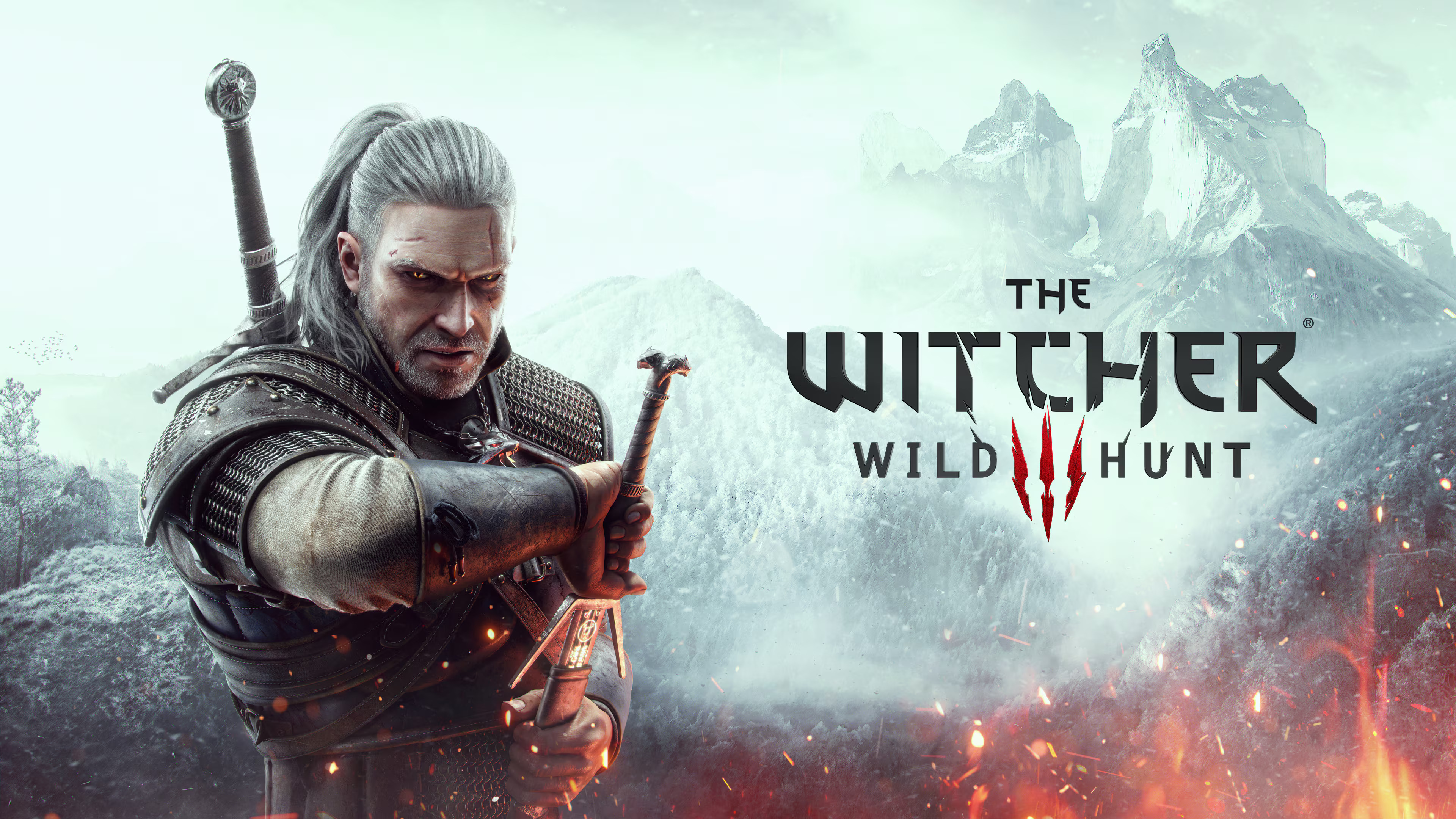 Geralt of Rivia from The Witcher video game holding a sword with the title "The Witcher: Wild Hunt".
