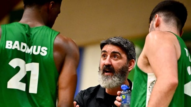 30 November 2025; Ireland coach Michael Breen, centre, speaks to players during the FIBA EuroBasket 2029 Pre-Qualifiers Group A match between Ireland and North Macedonia at the National Basketball Arena in Dublin. Photo by Shauna Clinton/Sportsfile