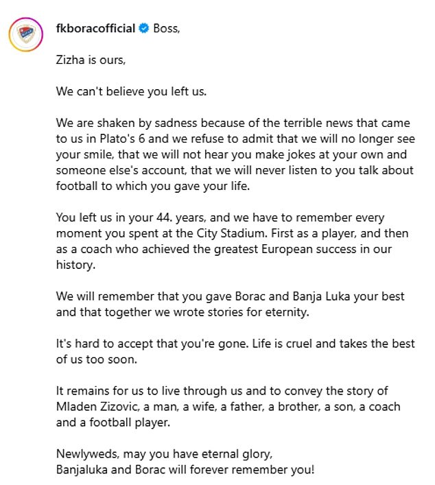 His heartbroken former players at Borac also penned an emotional tribute on social media