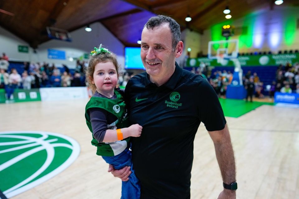 James Weldon Ireland head coach and his daughter at full time after the win over Bosnia & Herzegovina in the Fiba Women's EuroBasket 2027 qualifier at the National Basketball Arena. Photo: James Lawlor/Inpho