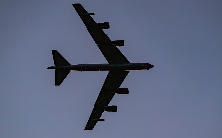 An Air Force B-52H Stratofortress prepares to land.