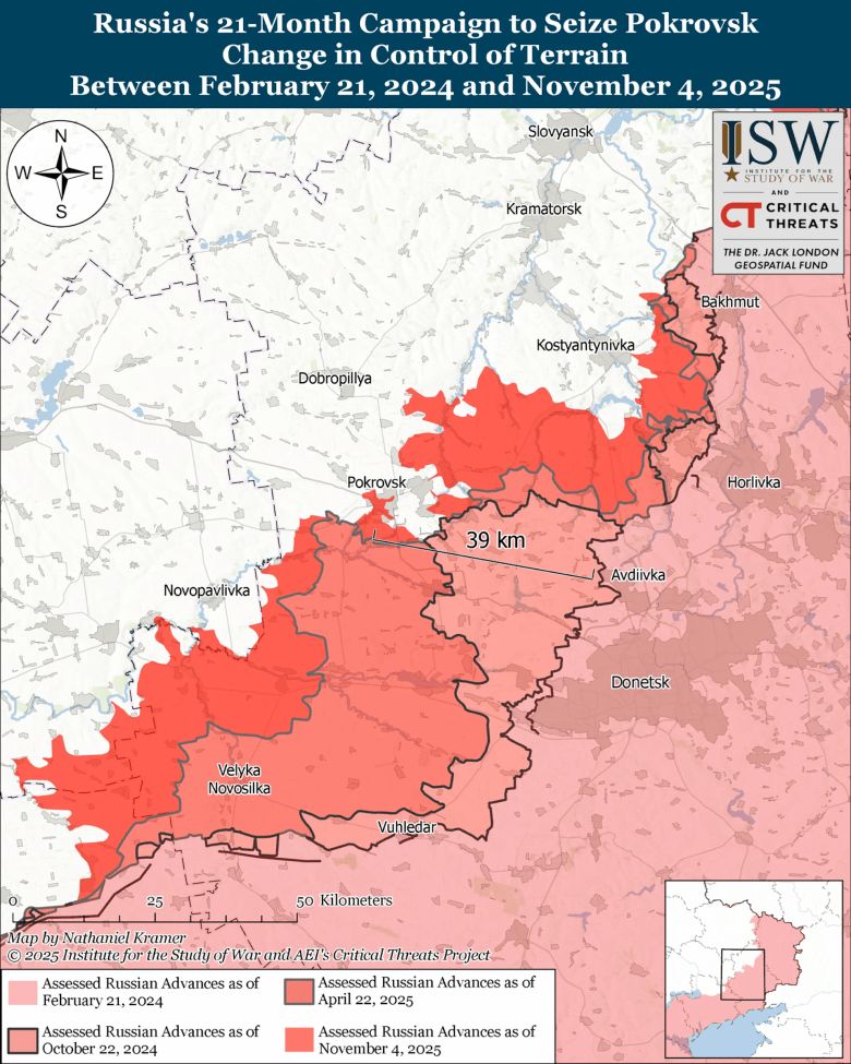 ISW map showing the state of the conflict in Pokrovsk, Ukraine, NOvember 4 2025.