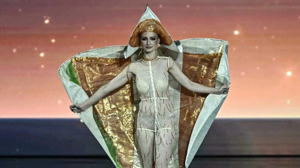 Miss Norway walks on stage during the 2025 Miss Universe national costume presentation in Nonthaburi province, north of Bangkok