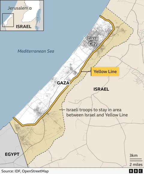 A graphic showing the extent of the Yellow Line which runs around Gaza. 