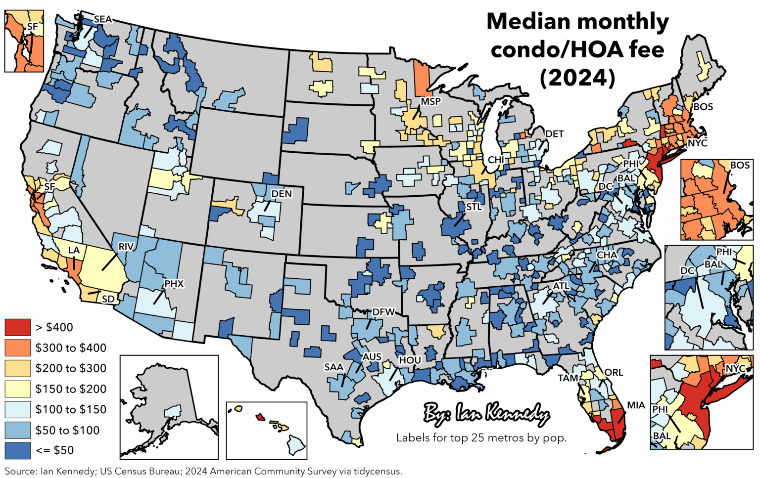 Median monthly condo/HOA fee by metro (2024) [OC]