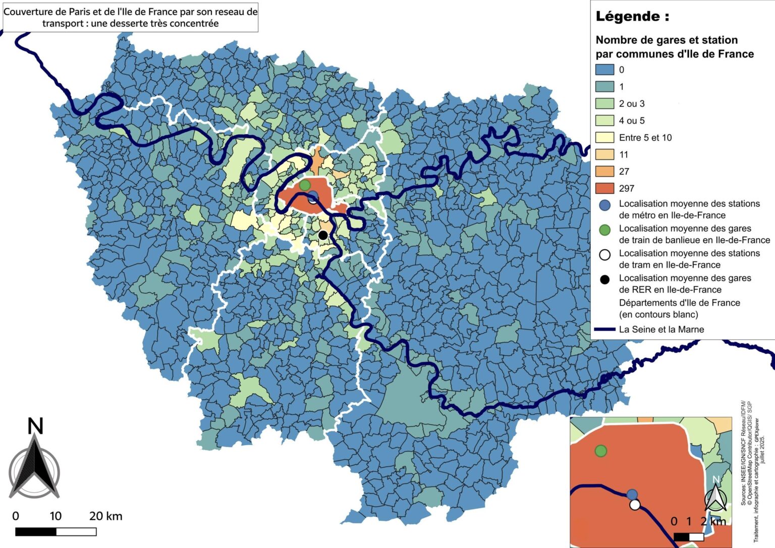 A map of the coverage of Paris and the Ile de France by its transport network