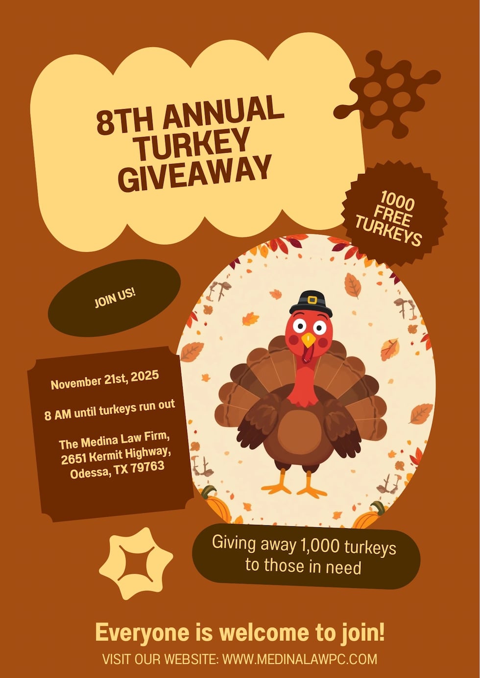 Medina Law Firm will distribute 1,000 turkeys during its eighth annual Turkey Giveaway on...