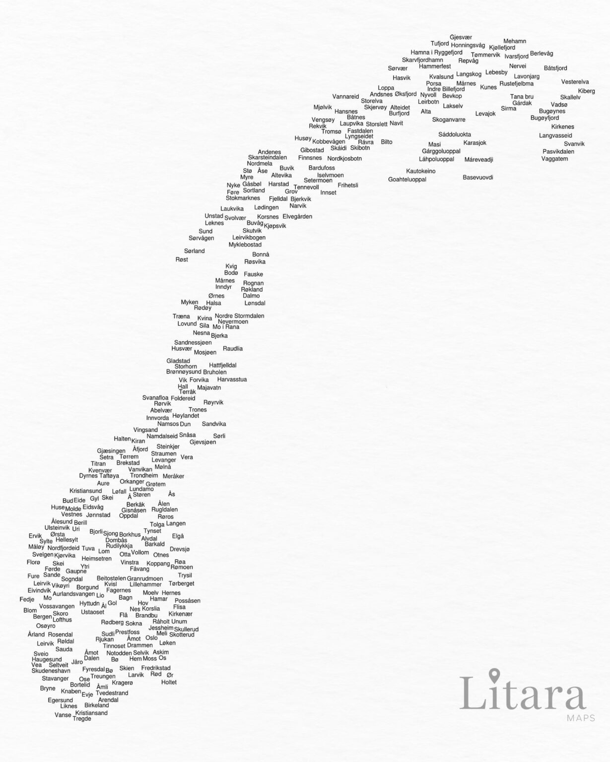 [OC] I made a typographic map of Norway using the names of its towns and localities