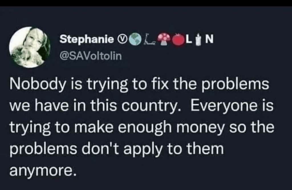 There is no one trying to solve the problems in this country. Everyone is trying to make enough money so that the problems do not concern them.
