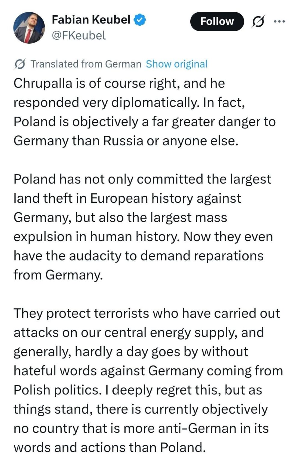 AfD politician says that Poland has committed the largest land theft in European history against Germany