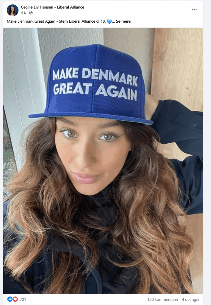Cecilie Liv Hansen (Liberal Alliance) poses with a Make Denmark Great Again cap.