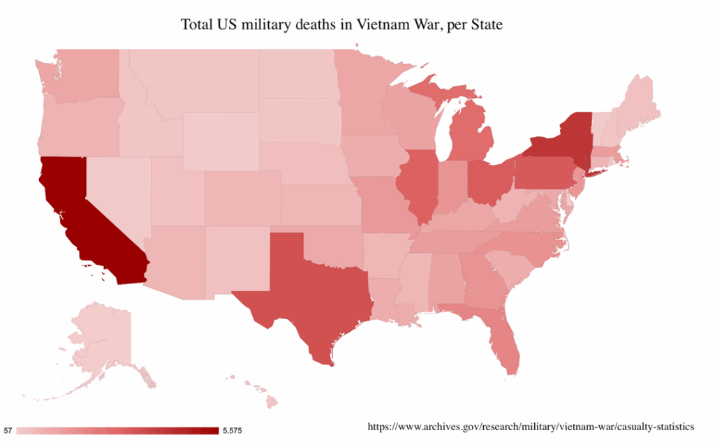 [OC] US military deaths in Vietnam War, total per state and per capita by state