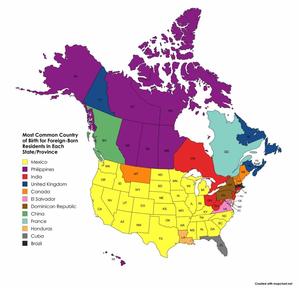 Most Common Country of Origin for Foreign-Born Nationals in the USA and Canada [OC]