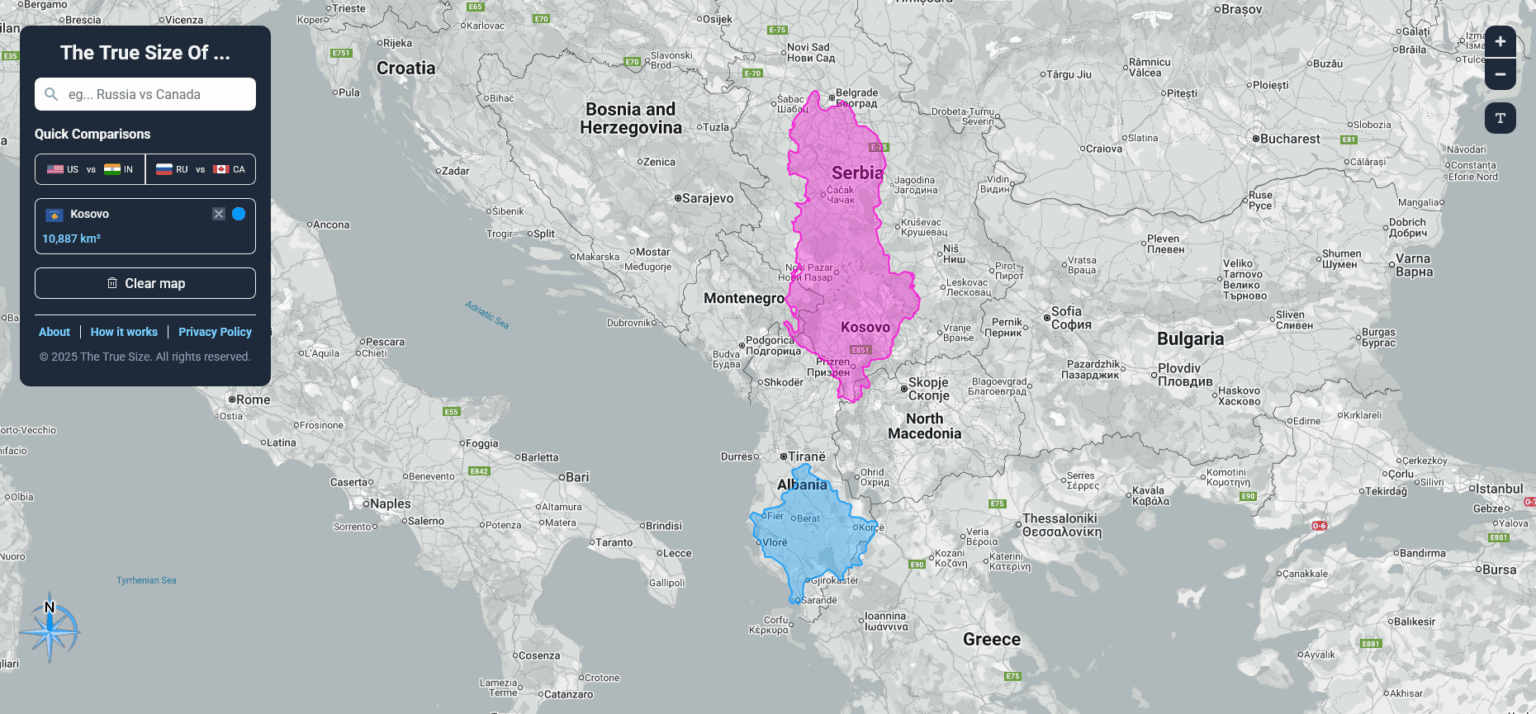 True size of...Albania, Kosovo and Serbia