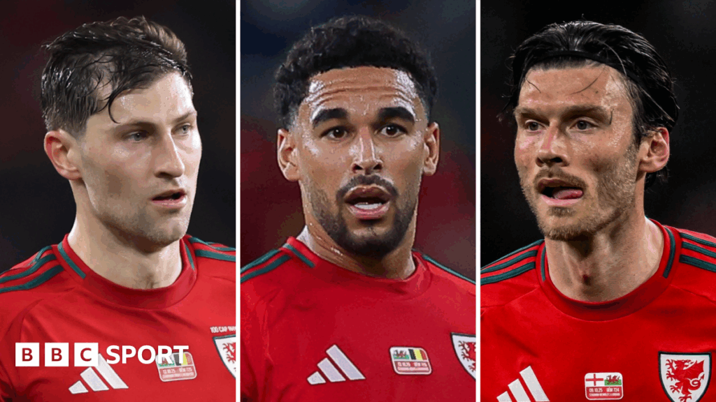 Ben Davies, Ben Cabango and Kieffer Moore in Wales jerseys