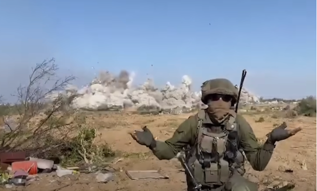 In one example of wanton destruction of Gaza, an Israeli soldier records himself blowing up a mosque.