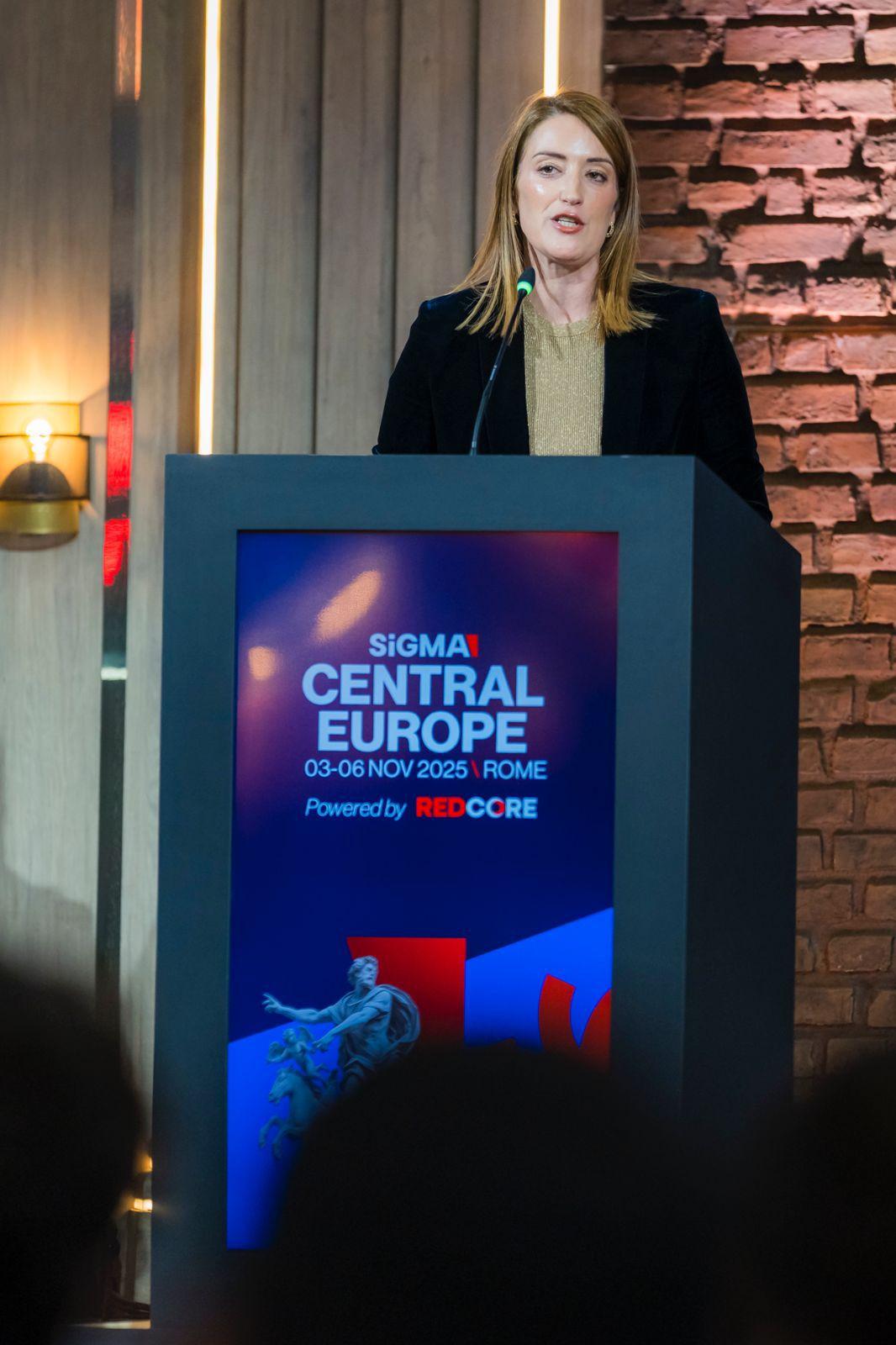 Metsola speaking at SiGMA's Rome summit.