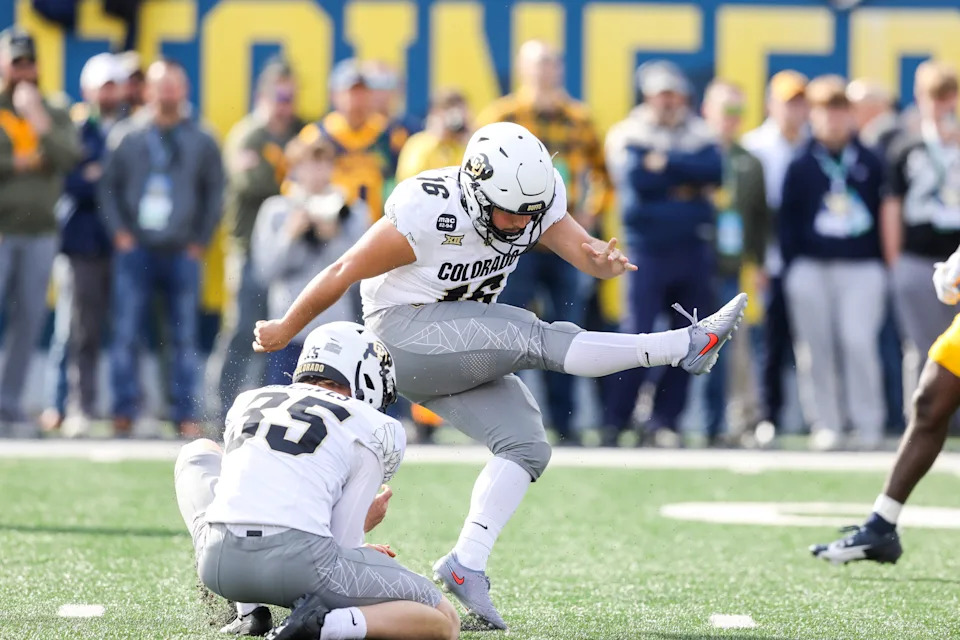 Nov 8, 2025; Morgantown, West Virginia, USA; Colorado Buffaloes kicker Alejandro Mata (16) kicks a field goal during the second quarter against the West Virginia Mountaineers at Milan Puskar Stadium. Mandatory Credit: Ben Queen-Imagn Images