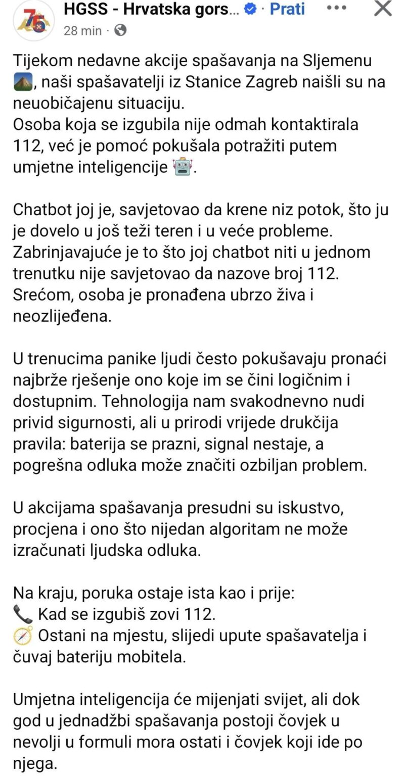 HGSS status on Facebook: Chatbot AI misadvised the user and put her in even greater danger.