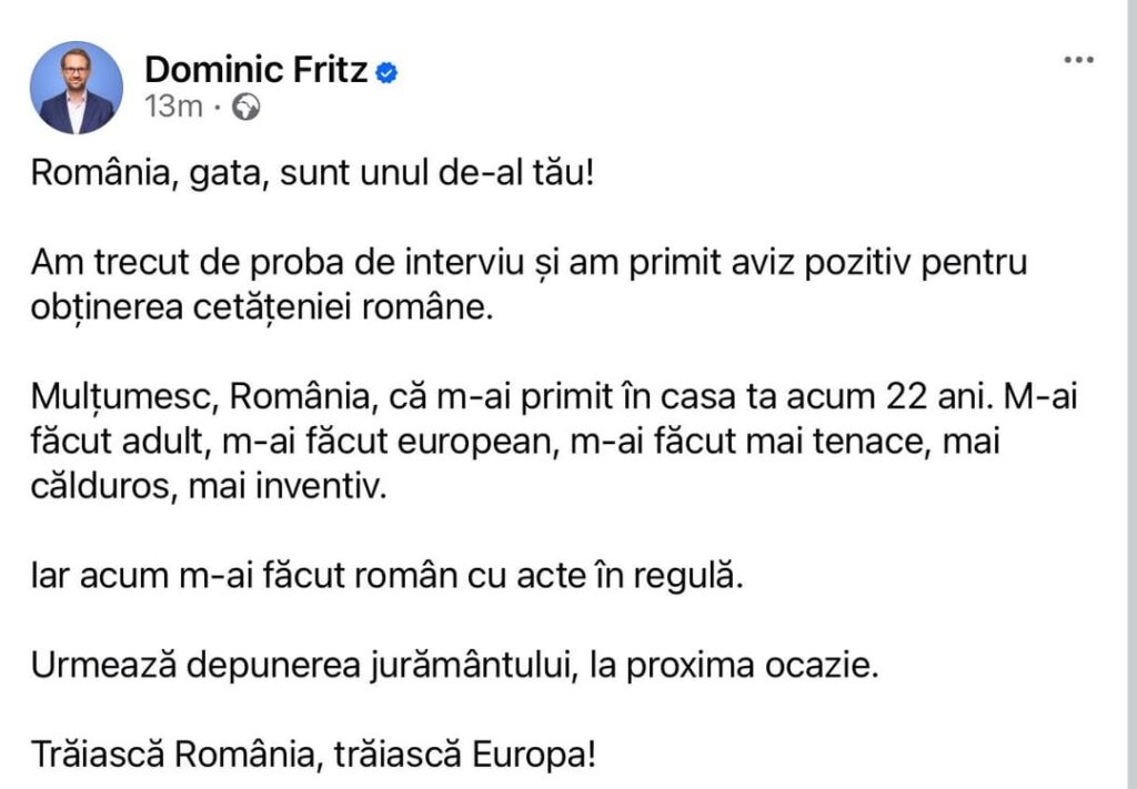 Dominic Fritz is to receive Romanian citizenship